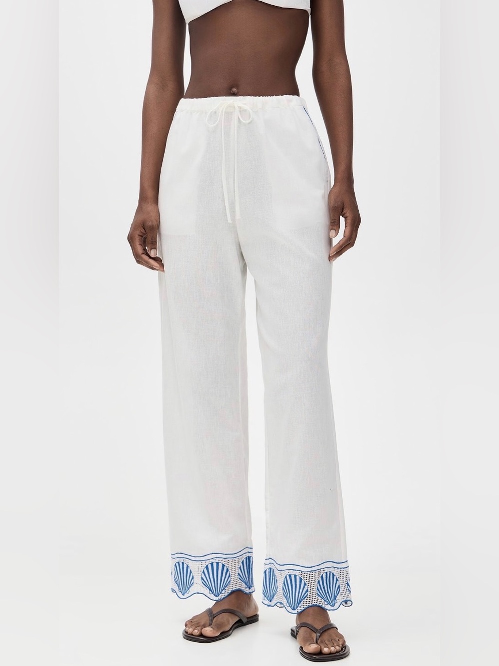 Rails Tildi Pant XS White Blue Seashell Embroidered Wide Leg Linen Blend NWT